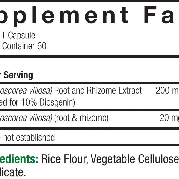 Wild Yam Standardized 60 v-caps Supplement Facts Box