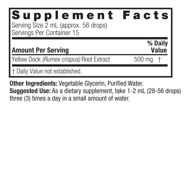 Yellow Dock Root 1oz Alcohol Free Supplement Facts Box