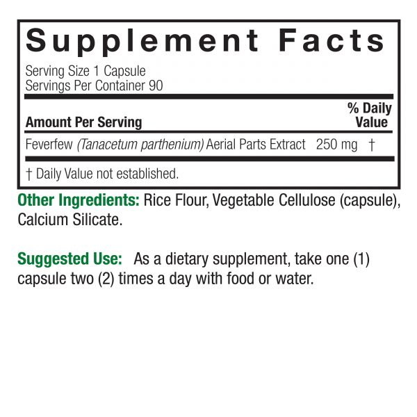 Feverfew Standardized 90 v-caps Supplements Facts Box