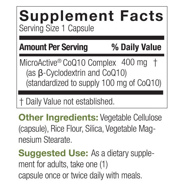 CoQ10 24Hr Microactive® 100mg 60 v-caps Supplement Facts Box