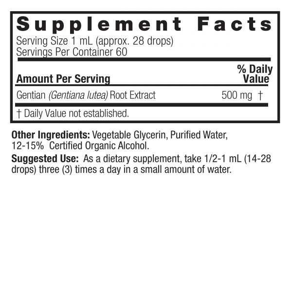 Gentian Root 2oz Low Alcohol Supplements Facts Box