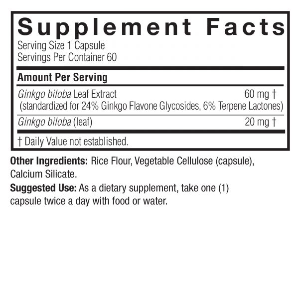 Ginkgo Standardized 60 v-caps Supplement Facts Box