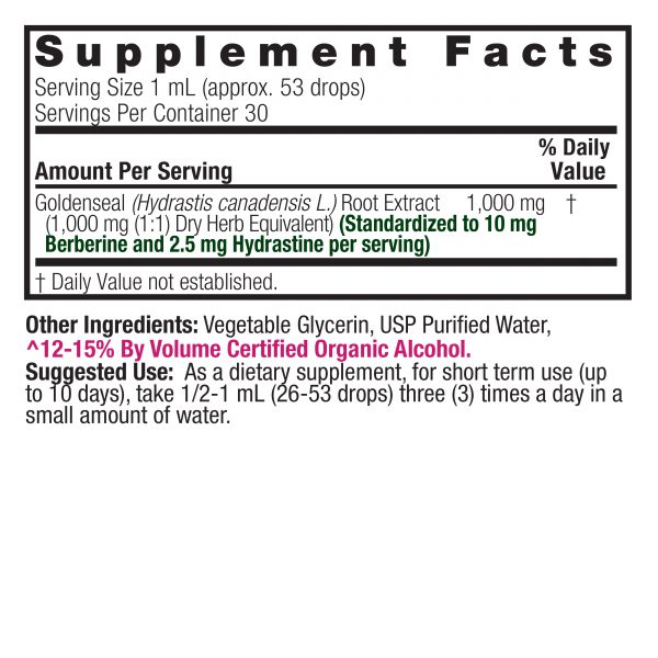 Goldenseal Root 1oz Low Alcohol Supplement Facts Box