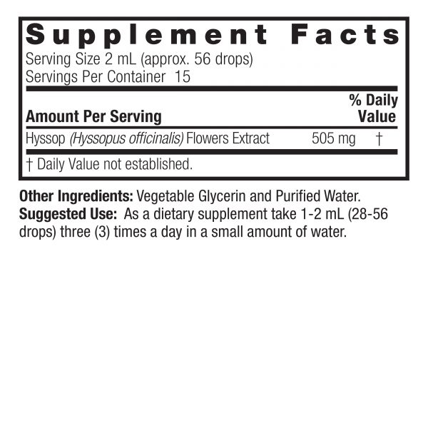 Hyssop 1oz Alcohol Free Supplement Facts Box