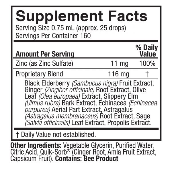 Ionic Zinc Immune with Black Elderberry Liquid 4oz Supplement Facts Box
