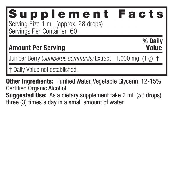 Juniper Berries 2oz Low Alcohol Supplement Facts Box