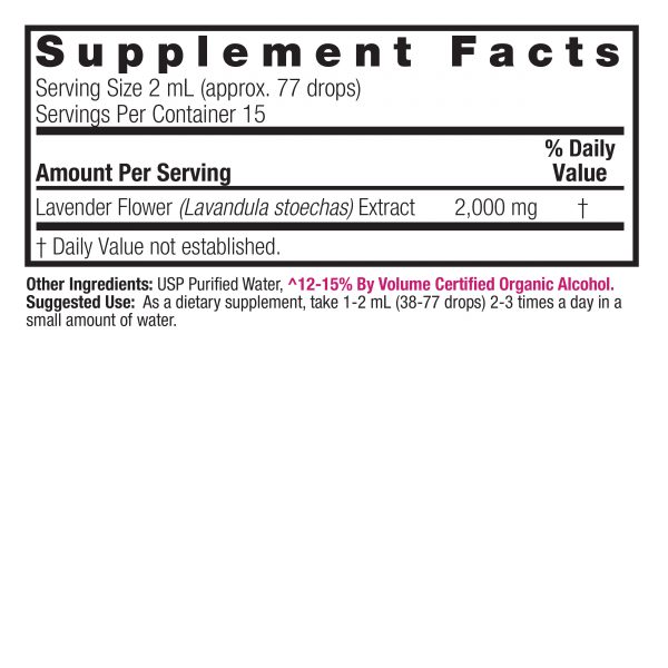 Lavender Flowers 1oz Low Alcohol Supplement Facts Box