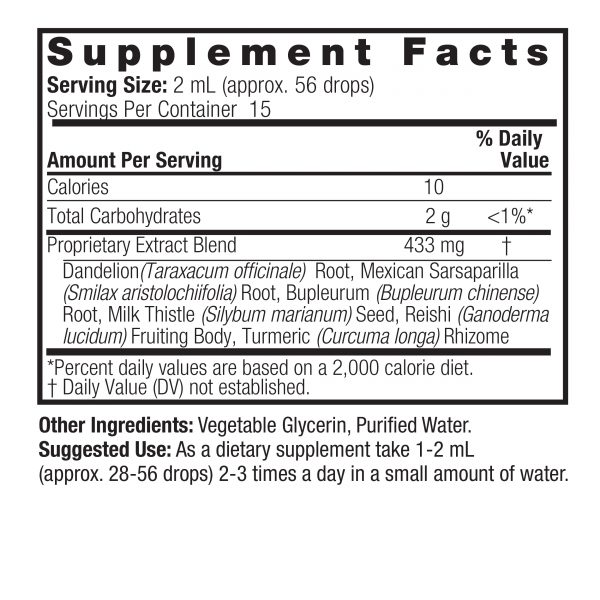 Liver Tone 1oz Alcohol Free Supplement Facts Box