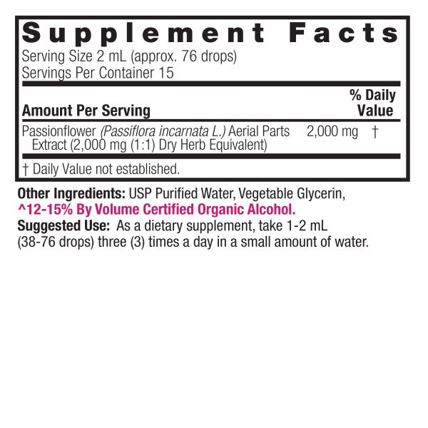 Passionflower 1oz Low Alcohol Supplement Facts Box