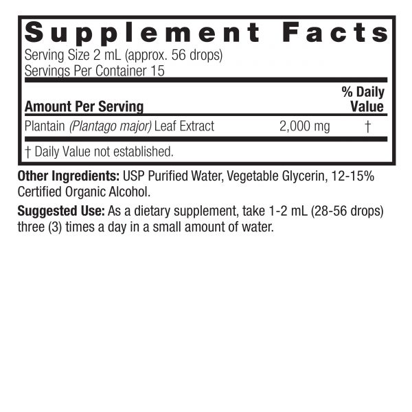Plantain Leaves 1oz Low Alcohol Supplement Facts Box