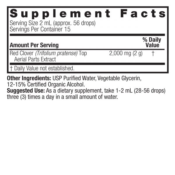 Red Clover Tops 1oz Low Alcohol Supplements Facts Box