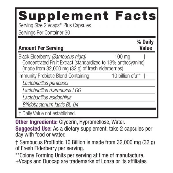 Sambucus + Probiotic 60 v-duo caps Supplement Facts Box