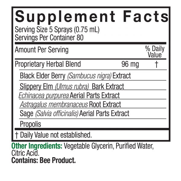 Sambucus Throat Spray 2oz Supplement Facts Box