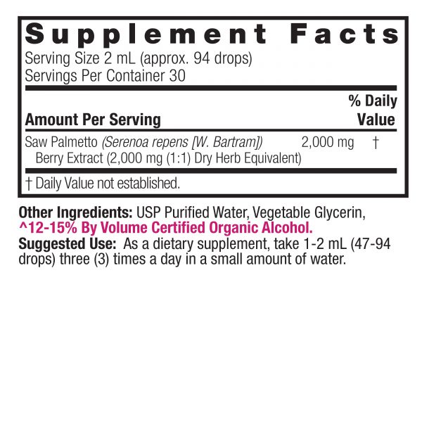 Saw Palmetto Berries 2oz Low Alcohol Supplement Facts Box