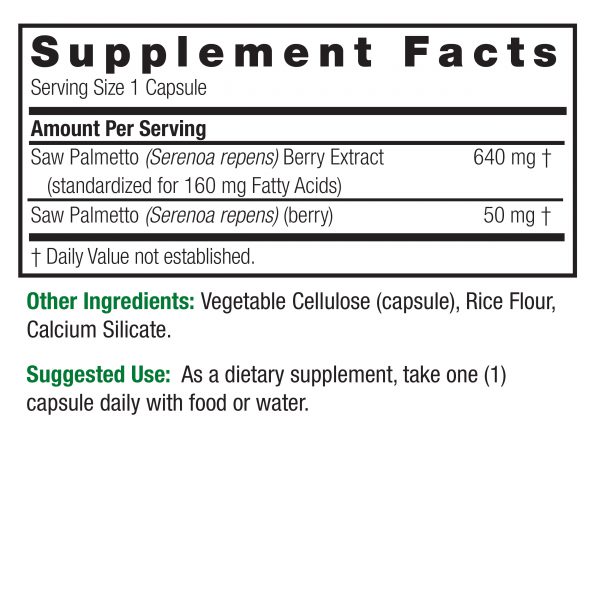 Saw Palmetto Berry Standardized 120 v-caps Supplement Facts Box