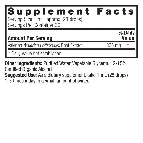 Valerian Root 1oz Low Alcohol Supplement Facts Box