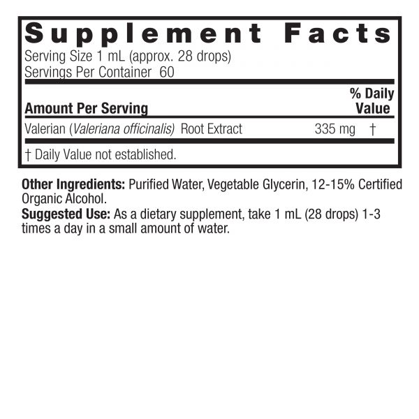 Valerian Root 2oz Low Alcohol Supplement Facts Box