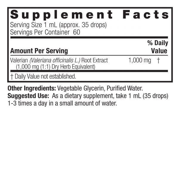 Valerian Root 2oz Alcohol Free Supplement Facts Box