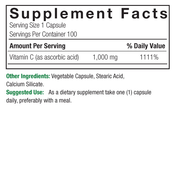 Vitamin C 1000mg 100 v-caps Supplement Facts Box