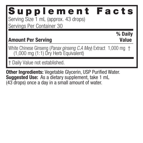 White Ginseng 1oz Alcohol Free Supplement Facts Box