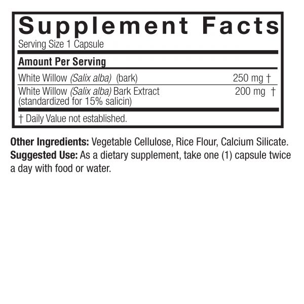 White Willow Standardized 60 v-caps Supplement Facts Box