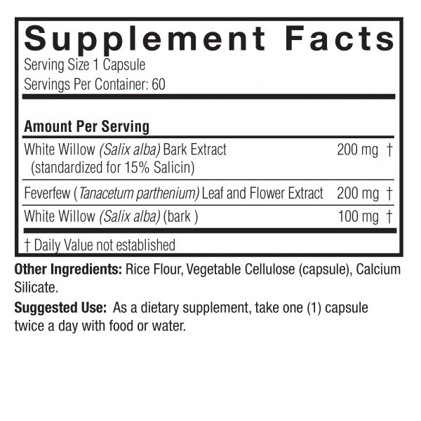 White Willow With Feverfew Standardized 60 v-caps Supplement Facts Box