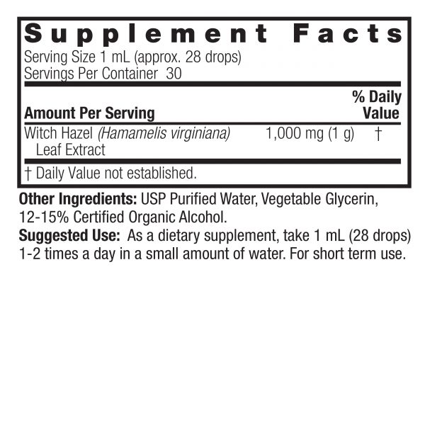 Witch Hazel 1oz Low Alcohol Supplement Facts Box