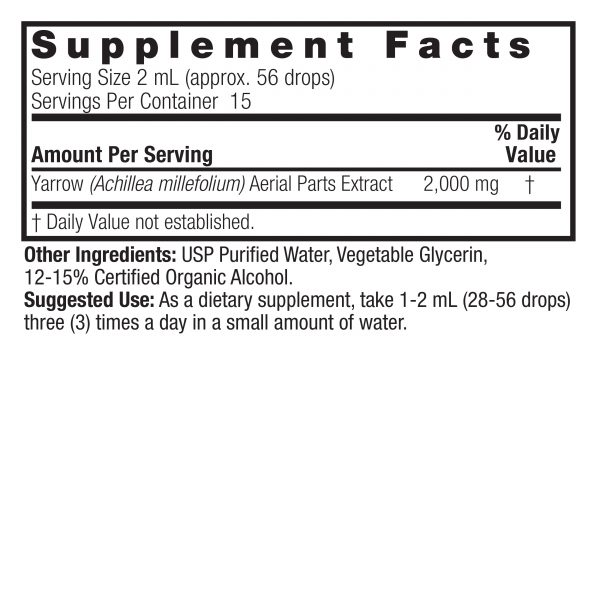 Yarrow Flowers 1oz Low Alcohol Supplement Facts Box