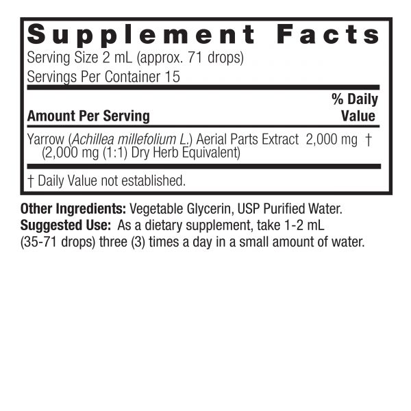 Yarrow Flowers 1oz Alcohol Free Supplement Facts Box