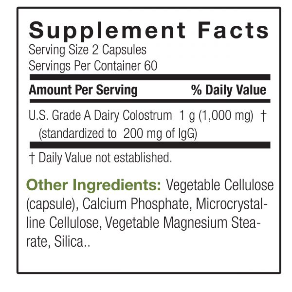 U.S. GRADE A Colostrum 120 Capsules Supplement Facts Box