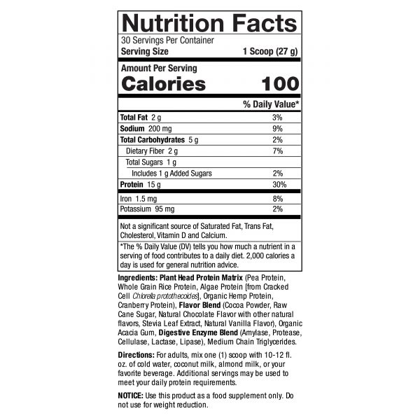 Plant Head Protein Chocolate 1.7 lbs (780g) Supplement Facts Box