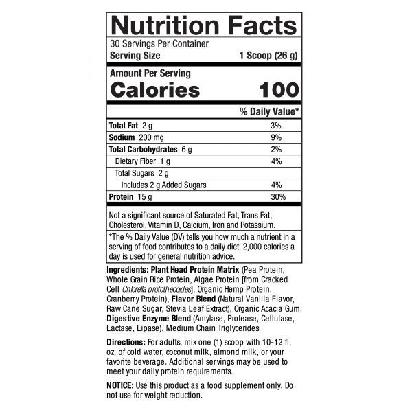 Plant Head Protein Vanilla 1.7 lbs (780g) Supplement Facts Box