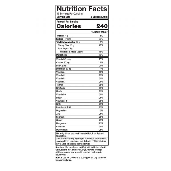 Plant Head Real Meal Vanilla 2.3lbs Supplement Facts Box
