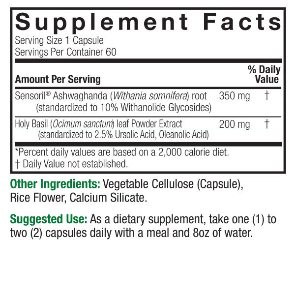 Ashwagandha Holy Basil Capsules 60 Count Supplement Facts Box